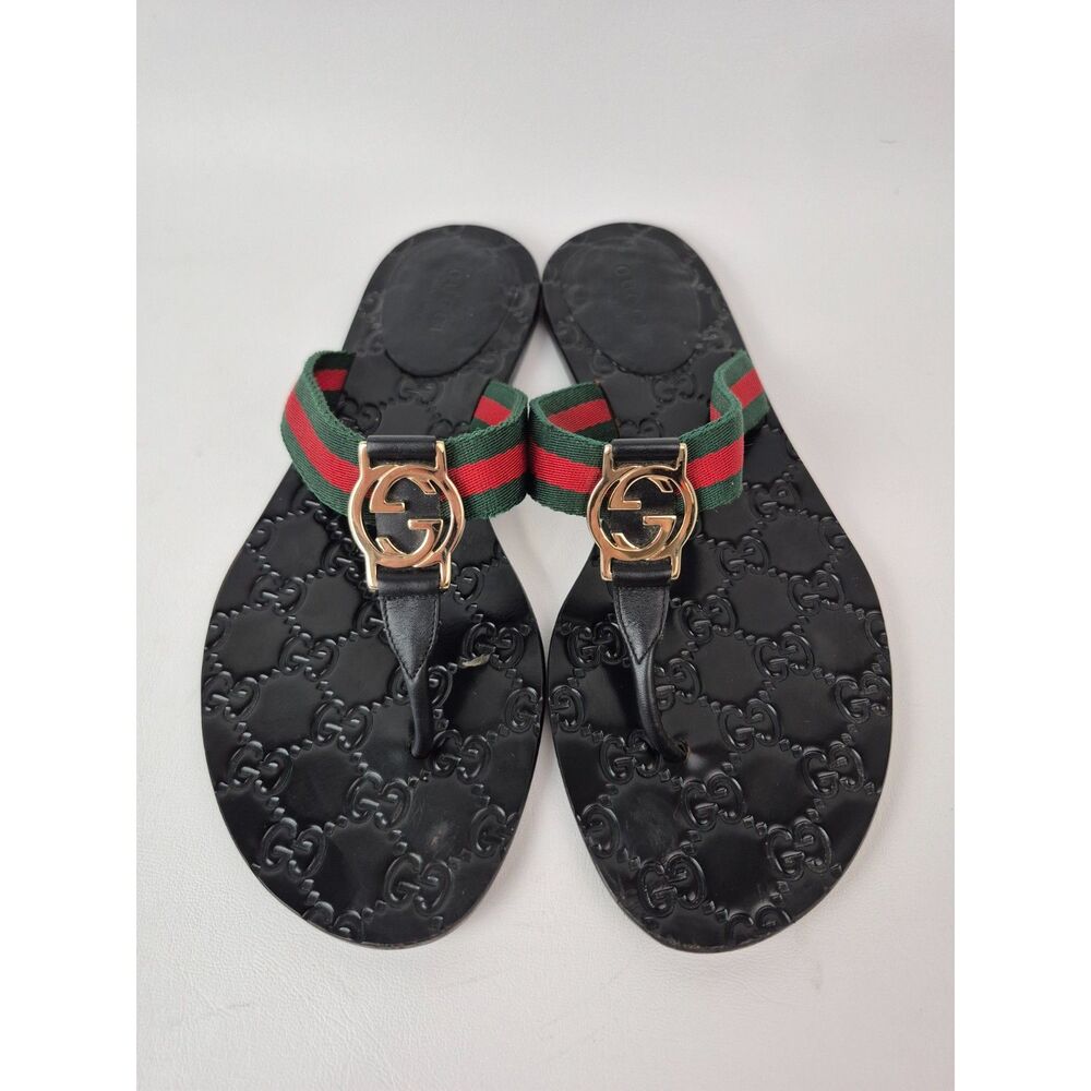 Gucci Black Lifford GG Web Thong Fabric Leather Sandals Flip Flop Size 37